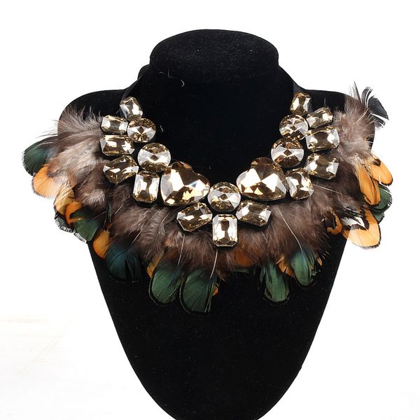 

whole sale2017 new fashion necklace women precious crystal and feather necklaces & pendant soft glam peacock feather statement necklaces, Golden;silver