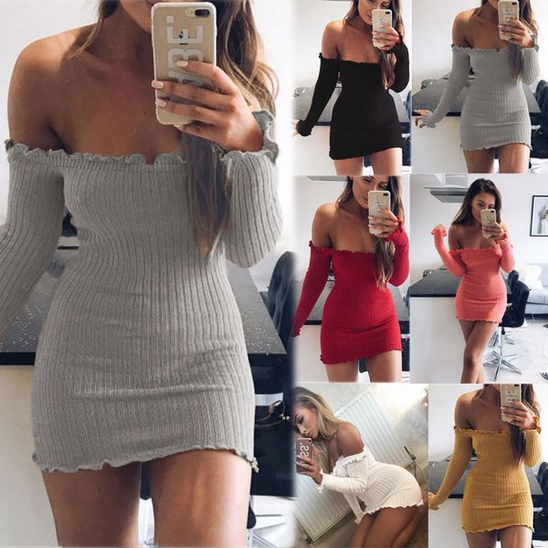 

off shoulder club women dress slim bodycon dress autumn winter knitted elastic sweater party night dresses vestidos, White;black