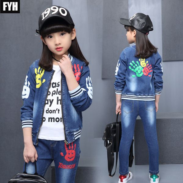 

spring girls denim clothing set o-neck jean jacket+jean pants 2pcs children girls denim suit kids clothing set, White