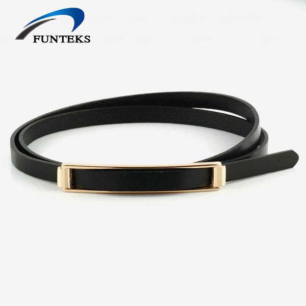 

funteks vintage genuine leather thin belts for women designer metal smooth buckle skinny belt chain women's waistband female, Black;brown
