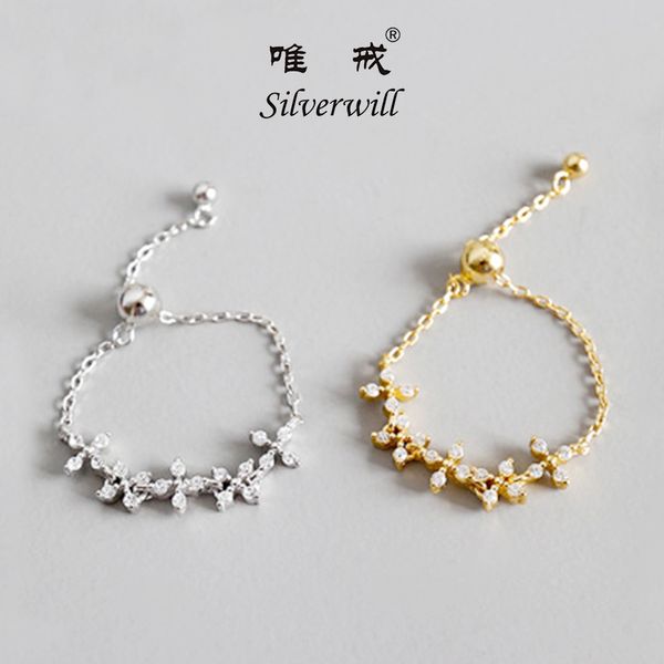 

silverwill real sterling 925 silver sparkling zircon flower rings for women gold color finger ring girls fashion vintage jewelry, Golden;silver