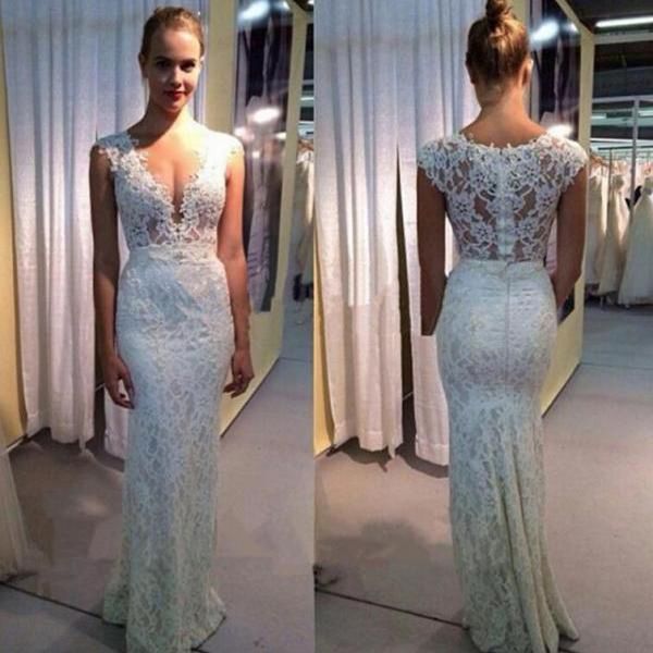 

new lace mermaid wedding dresses v-neck cap sleeve see through back appliques floor length vestido de novia bridal gowns, White
