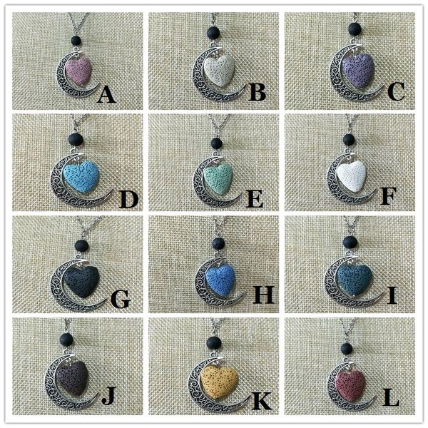 

colorful aromatherapy heart lava stone moon charms pendant essential oil diffuser necklace lava jewelry, Silver