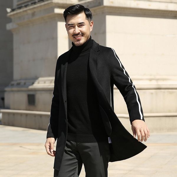 

winter business wool trench coat men fashion casual long thicken slim woolen men's overcoat jacket male windproof clothes, Black