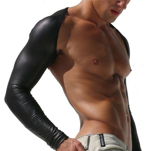 Sexy Mens Undershirt Faux Leather Hollow Braço Mangas de ombros Masculinos Faux Leather Hollow Braço mangas de ombros de ombros underwear