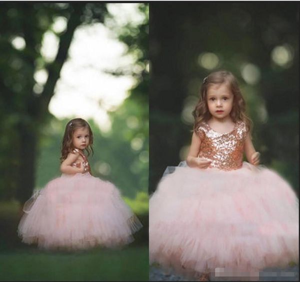 Vestidos das meninas da princesa flor flor rosa de ouro tutu sem encosto de tule 2020 criança pequena meninas pageant vestido de comunhão crianças formais