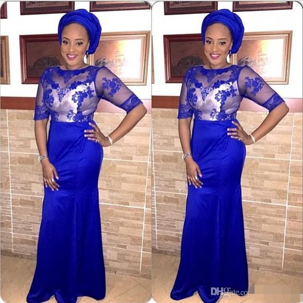 

vintage lace appliques royal blue mermaid formal evening dresses with 1/2 long sleeves africa arabic formal dresses evening wear mm49, Black;red