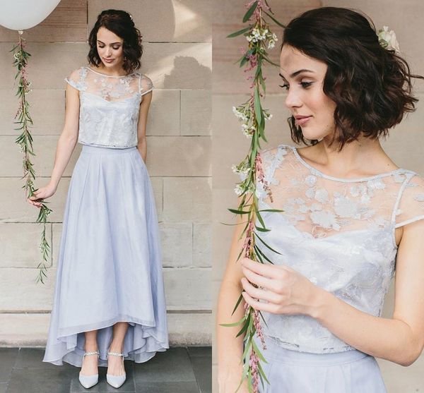 

silver two piece prom dresses lace chiffon high low party dresses tea length cap sleeves prom dresses, Black