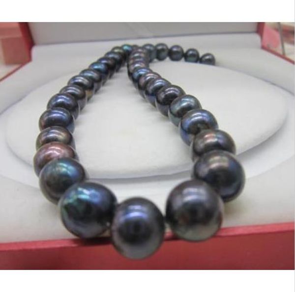 

12-14mm tahitian genuine natural black pearl necklace 18" yellow ball clasp, Silver