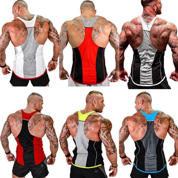 

summer gym fitness tank for mens tanks clothing vests sleeveless colors patchwork tees, White;black