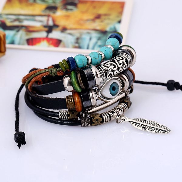 

punk retro vintage weave rope leather beads feather angel wing eyes statement multilayer bangles charm bracelets lovers accessories jewelry, Golden;silver