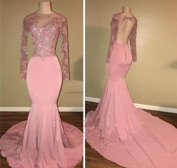

sheer neck long sleeves prom dresses 2018 pink open back evening party gowns arabic party gowns special occasion gowns, Black