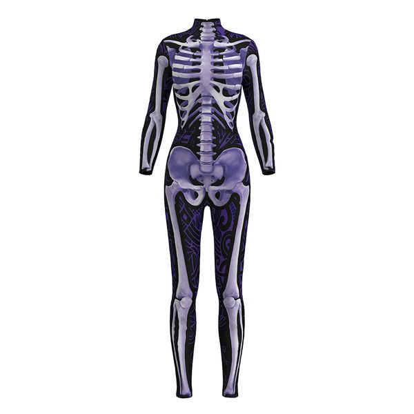 

new women halloween bodycon jumpsuit gold black floral skeleton jumpsuits long sleeve s to xl 2 patterns, Black;white