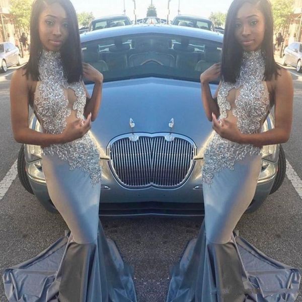

silver mermaid prom dress high neck lace applqiues sequins beaded long evening gowns black girls party wear red carpet dress plus size
