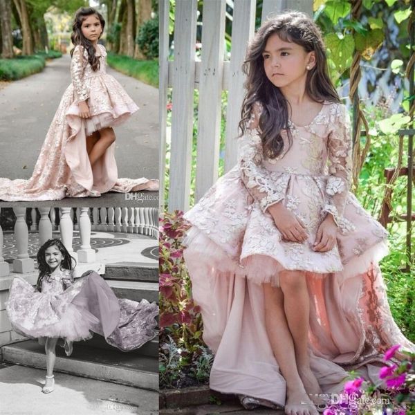 

Высокий низкий Sheer длинными рукавами девушки Pageant платья 2018 V-образным вырезом кру
