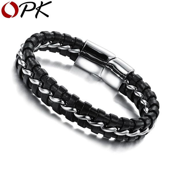 

opk vintage men fashion braided genuine leather bracelet stainless steel magnetic clasp fashion bangles punk male jewelry ph898, Golden;silver