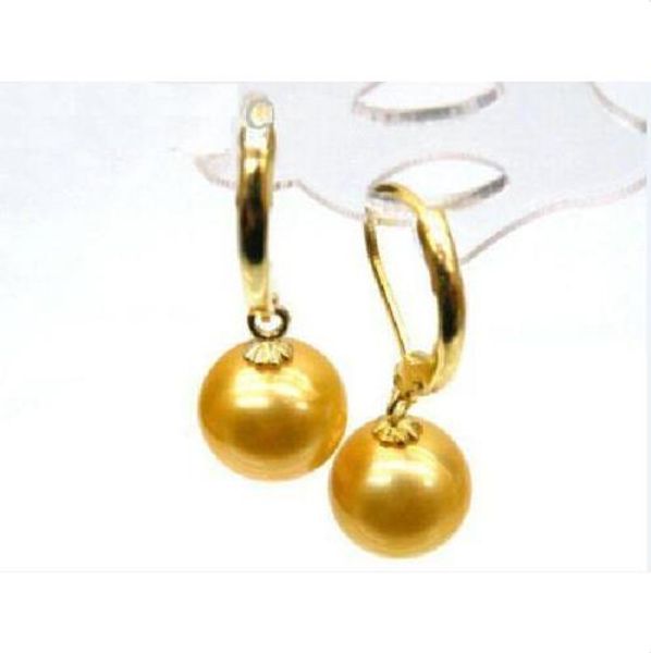 

a pair of natural round 10-11mm south seas yellow pearl earring 14k gold hook, Golden
