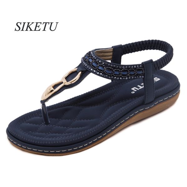 

siketu gladiator summer women's flat sandals metal decoration rhinestone elastic band concise woman shoes us5-.5 blue apricot, Black