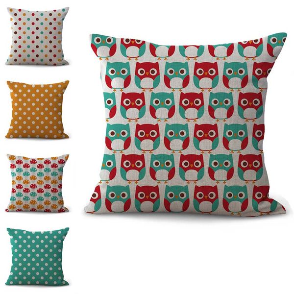 Colorful Spot Owl Pillow Case Cushion Cover Linen Cotton Square