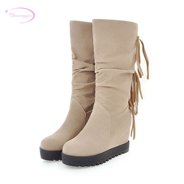 

chainingyee leisure nubuck round toe mid-calf boots pleated tassel platform increasing high heel women's motorcycle boots, Black