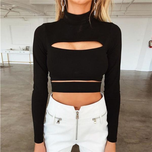 

2018 autumn cut out front slim fit women long sleeve ribbed black t-shirt fashion new turtleneck t-shirts vkts2012, White