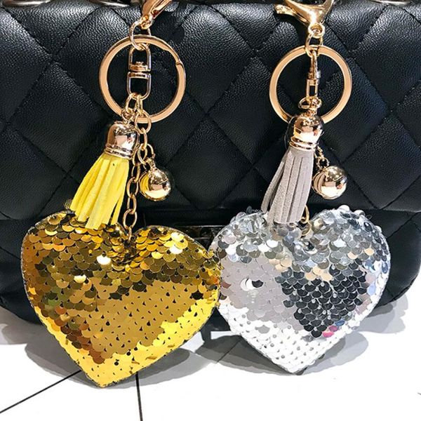 

2pcs/lot colorful heart sequins keychains for women summer car bag pendant keys phone accessories romantic key chains keyring, Silver