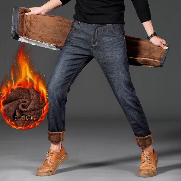 

men straight winter jeans large size thicker warm denim jeans new male smart casual solid blue winter jean pants size 40