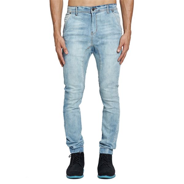 

moruancle men's drop crotch hip hop jeans stretch hi street denim trousers for male cross-pants jogger elastic cuff size 29-38, Blue
