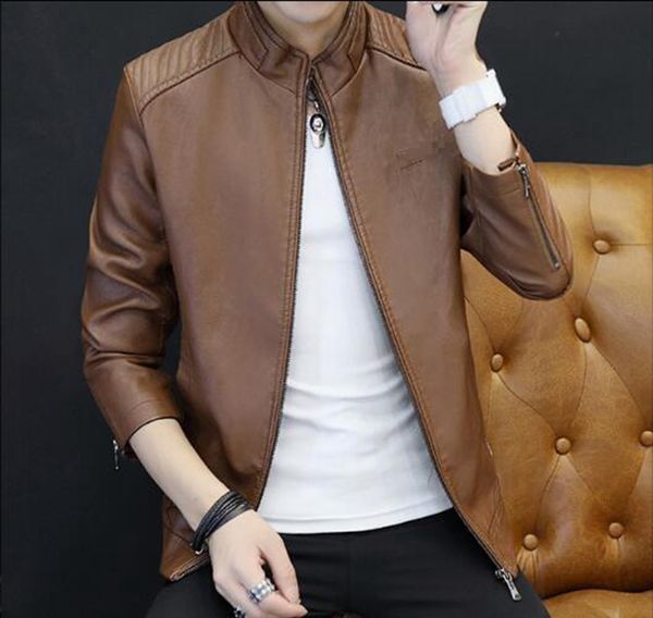 

мужчины весна и осень корейский новый бутик личность красивый мода досуг тенденция короткий воротник локомотив кожа пальто / m-3xl, Black