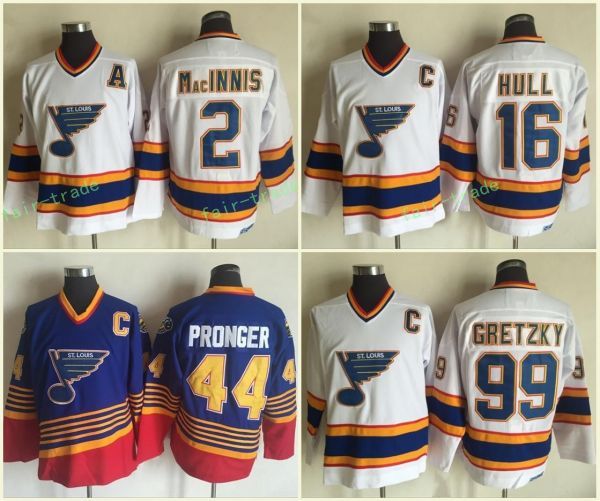 

St. Louis Blues #16 Brett Hull Jersey 2 AL MacINNIS 44 Chris Pronger 99 Wayne Gretzky Blue White 100% Stitched CCM Vintage Classic Hockey