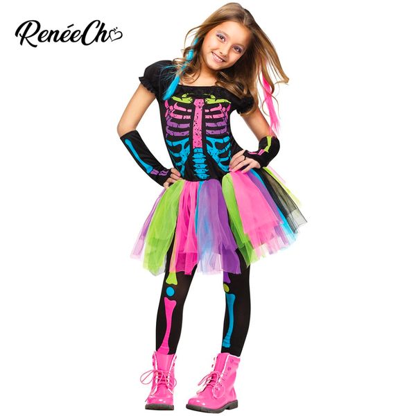 

halloween costume for kids girls funky punky bones costume child 2018 skeleton rocker cosplay tutu dress fancy dress, Black;red