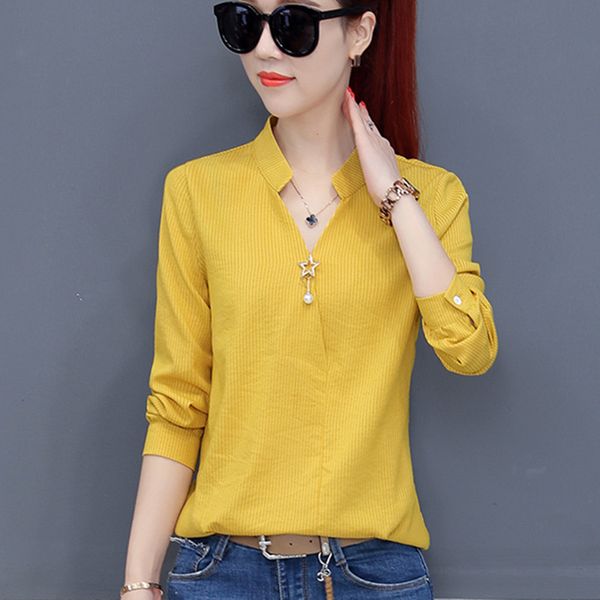 

2018 women chiffon blouse autumn ladies work wear office shirts v-neck long sleeve ladies striped blusa, White