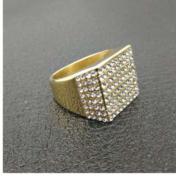 

men's ring hip hop iced out micro pave cz finger ring gold color stainless steel square rings for men jewelry, Silver