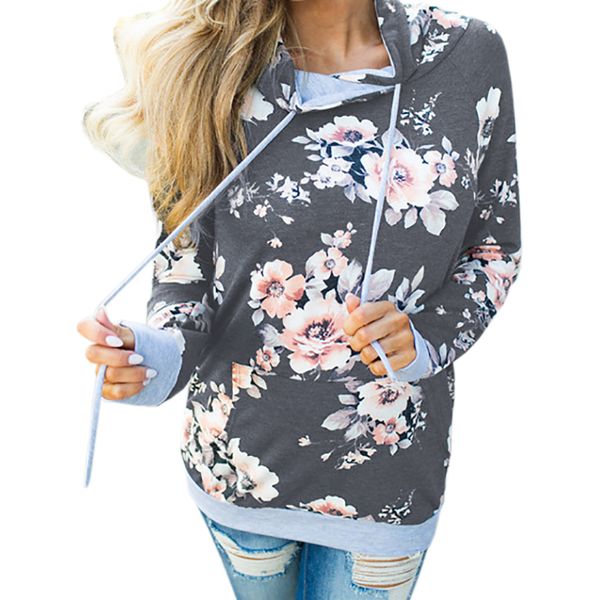 

drawstring floral printed hooded tracksuit women autumn hoodies 2018 spring sweatshirts long sleeve plus size pockets gv920, Black