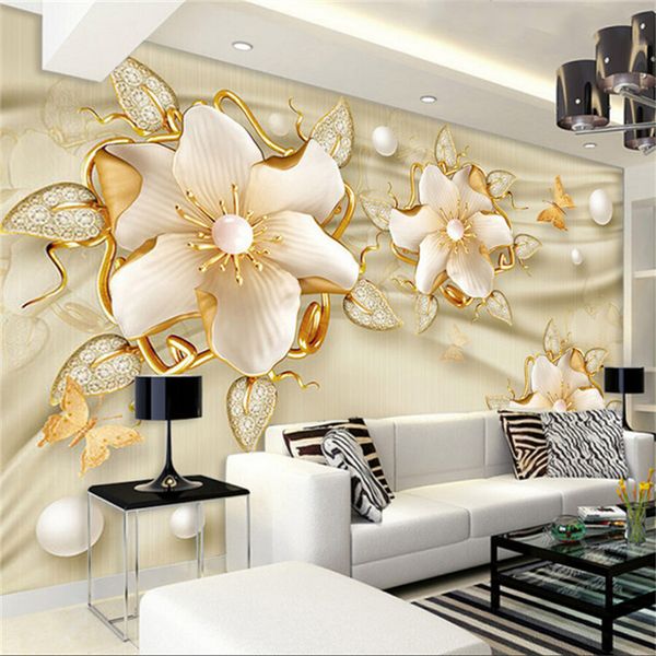 

european style luxury wallpaper 3d golden jewelry flowers silk wall papers living room tv sofa backdrop wall covering home decor
