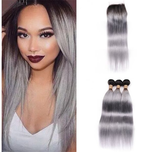 Acquista Fasci Di Capelli Brasiliani Ombre Neri E Grigi Con Chiusura In Pizzo Piega Liscia 2 Toni 1b Grigio Ombre Capelli Umani Con Chiusura A 15929