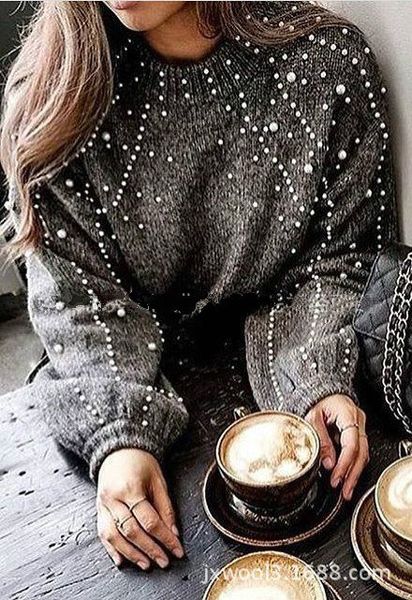 

2018 autumn and winter new round neck loose sweater women's short nails pearl decorative sweater, White;black