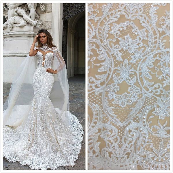

new arrival african lace fabric with sequins embroidery nigerian lace french laces fabrics for wedding and party 5 yards, White;gold