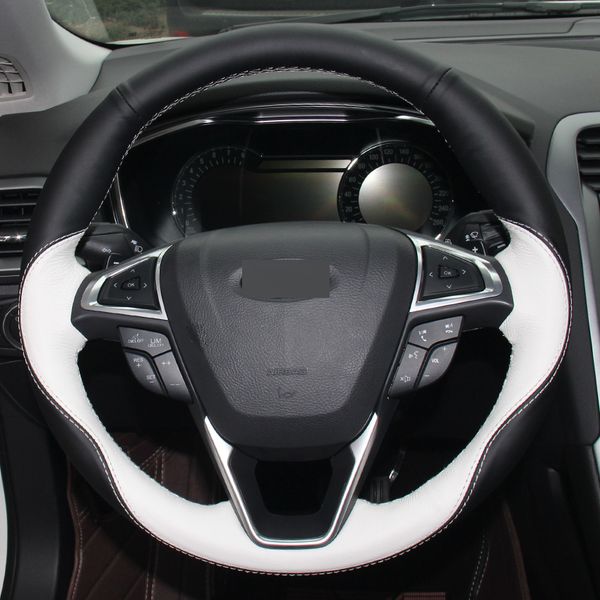 

black white leather diy hand-stitched car steering wheel cover for ford fusion mondeo 2013 2014 edge 2015 2016