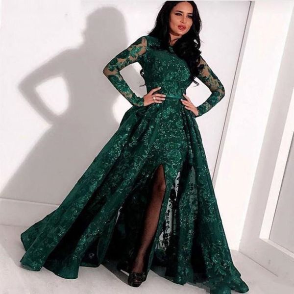 

Arabic 2019 Hunter Green Jewel Neck Mermaid Long Sleeve Prom Formal Dresses with Overskirt Split Sexy Full Lace Appliques Evening Gowns, Black