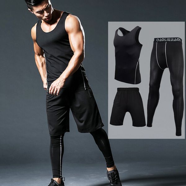 

3 pcs men sport set workout clothes sleeveless running suit black compression sport tank leggings jogging training tracksuit, White;black