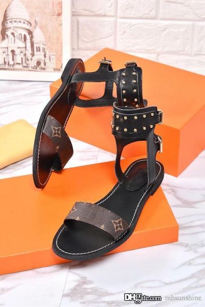 

2018 new word with double buckle flat high-heeled sandals letters printed rivets rome female sandals, Black