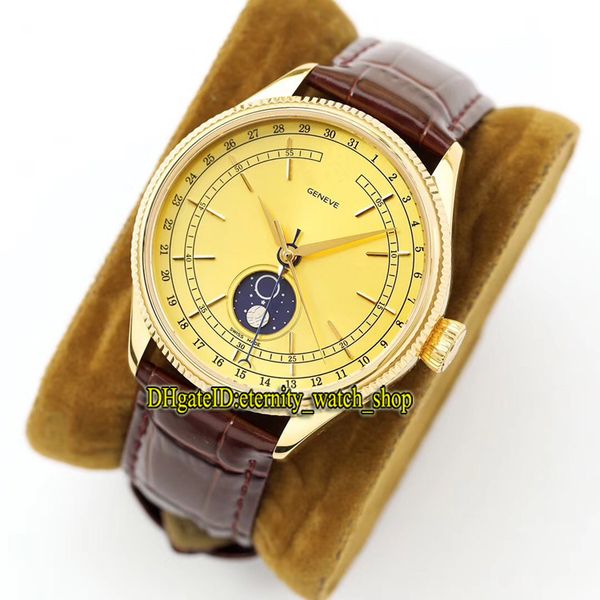 

big factory luxry cellini m50535-0002 gold dial refit 3195 automatic moon phase mens watch sapphire glass gold case leather strap watches, Slivery;brown