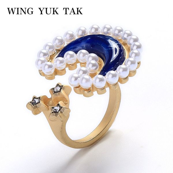 

wing yuk tak simulated pearl ring for women fashion blue moon rings brincos party jewelry, Golden;silver