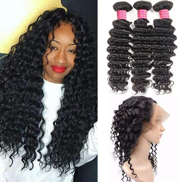 

pre plucked 360 frontal with bundles deep wave curly peruvian 8a virgin human hair 3 bundles deals with 360 lace frontal band closure, Black;brown