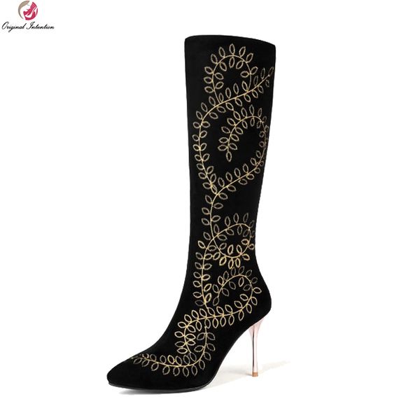 

original intention fashion women knee high boots suede pointed toe thin high heels boots black shoes woman plus us size 3-13