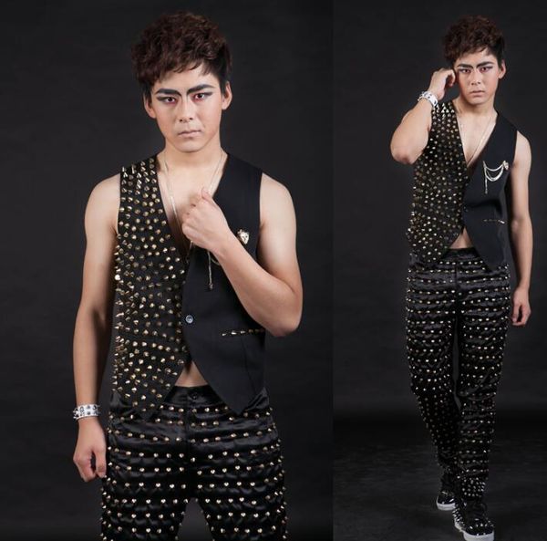 

men's vests black summer style personality slim male sleeveless vest men gold rivet punk rock costumes hombre chalecos singer dance sta, Black;white