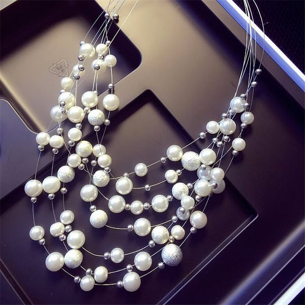 

whole salelemon value statement choker vintage collar fashion charm multilayer imitation pearl pendant necklace women jewelry collier a019, Golden;silver