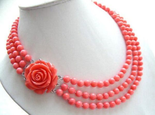 

gt;>>amazing 3row 17" 7mm round pink coral necklace, Silver