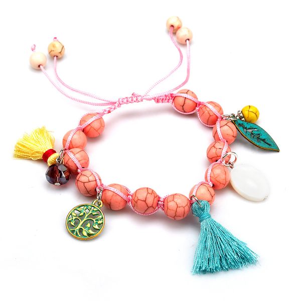 

charm women's bracelet strands turquoise beaded tassels alloy leaf shell weave rope knitting beads bracelets jewelry for ladies, Black